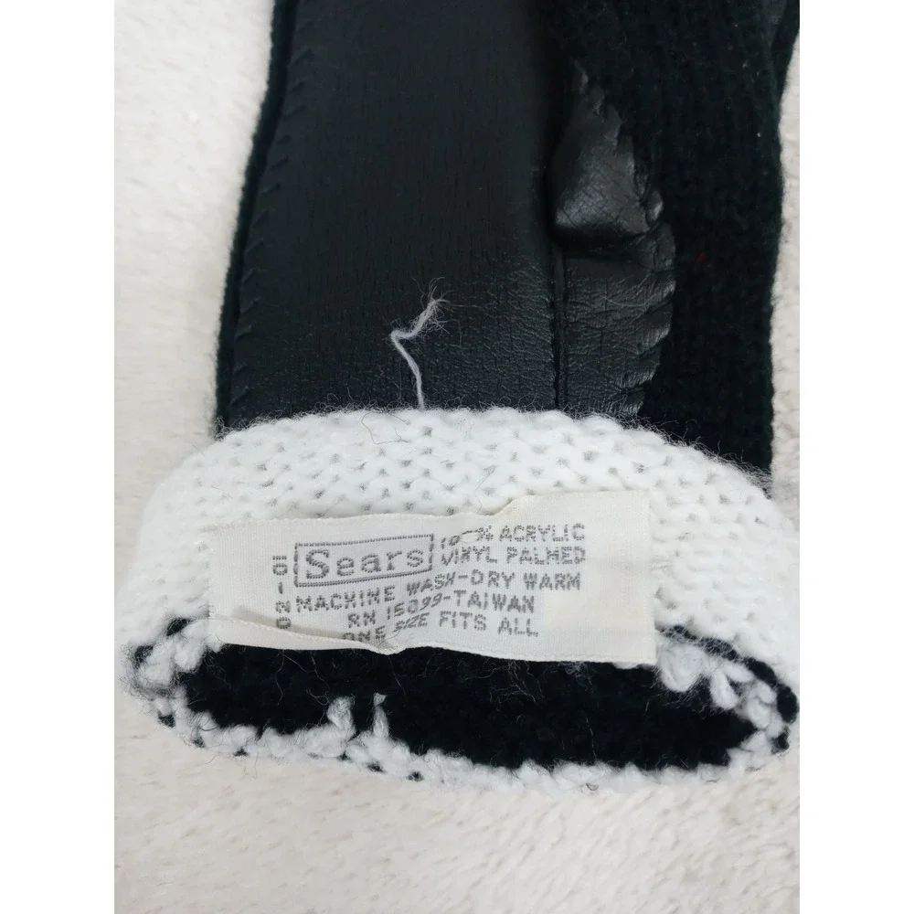 Vintage Sears Gloves Black Knit White Cuff Traffic Light Buttons Mod 60s‎ NOS
